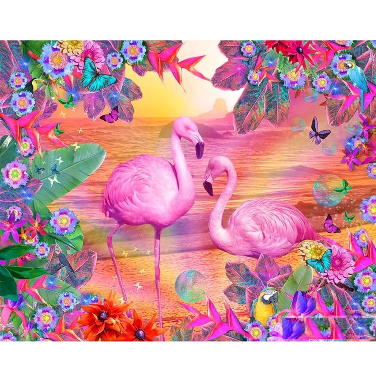 Diamanttavla Flamingo And Flowers 40x50