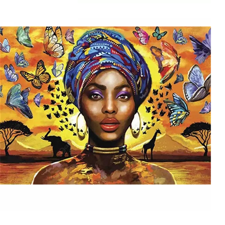 Diamanttavla (R) African Woman With Butterflys 40x50