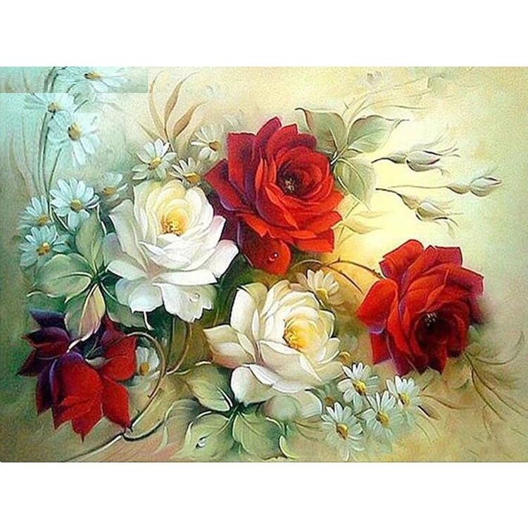 Diamanttavla (R) Red And White Roses 50x70