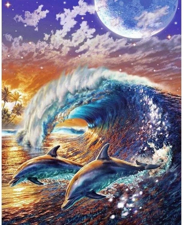 Diamanttavla (R) Dolphins And Waves 40x50