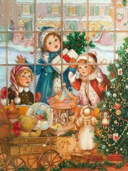 Diamanttavla Children And Christmas Window 40x50