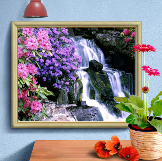 Diamanttavla Flowers Waterfall 40x50