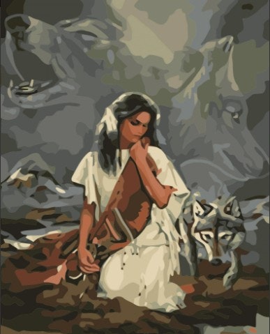 Paint By Numbers Indian And Wolves 40x50