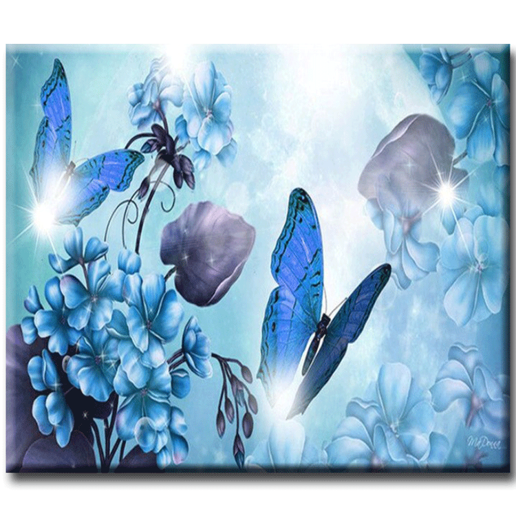 Diamanttavla Blue Butterflies And Flowers 40x50