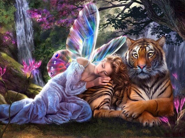 Diamanttavla (R) Fairy And Tiger 50x70