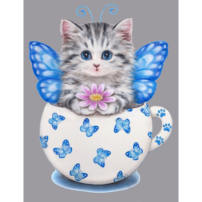 Diamanttavla Butterfly Cat In Cup 30x40