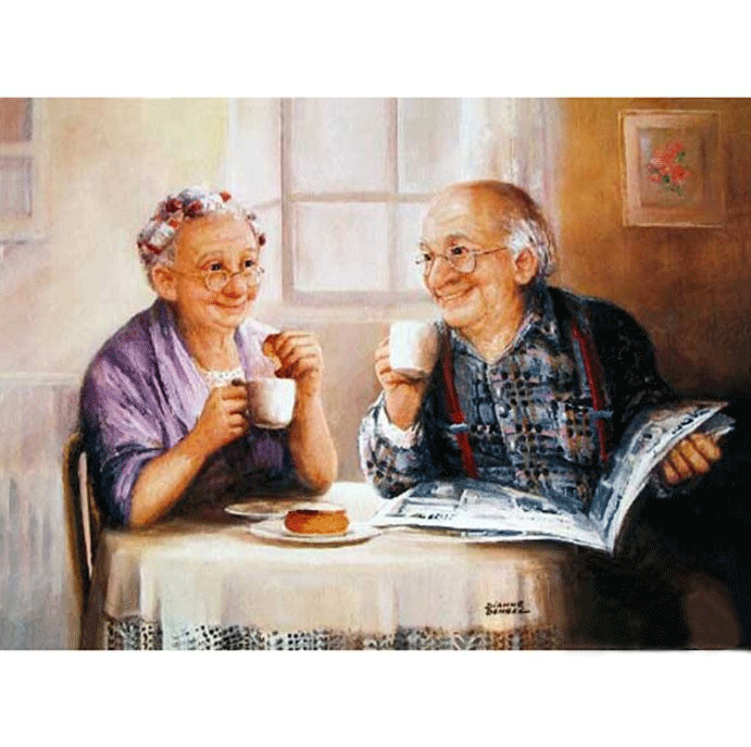 Diamanttavla Old Couple Coffee Time 40x50
