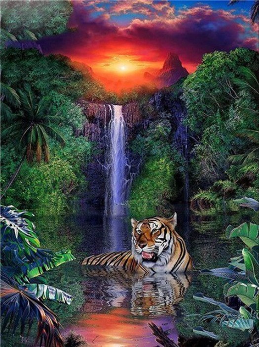 Diamanttavla Tiger Waterfall 40x50
