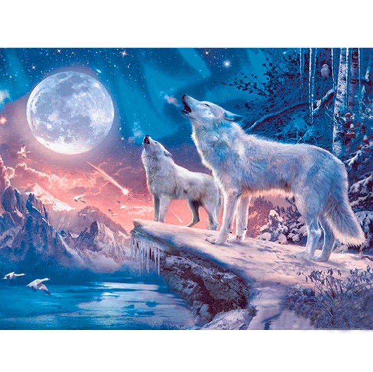 Diamanttavla Howling Moon Wolves 40x50