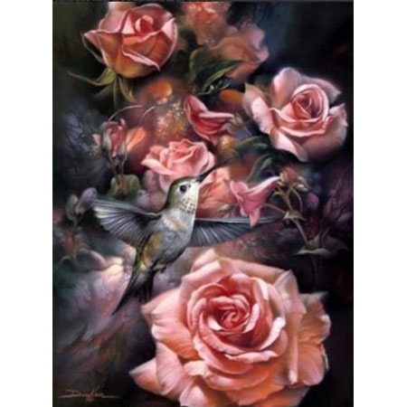 Diamanttavla Pink Roses And Bird 50x70
