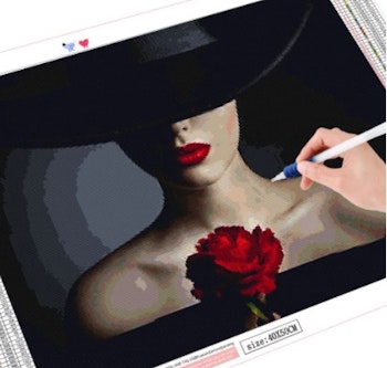 Diamanttavla Woman Black Hat Red Rose 40x50