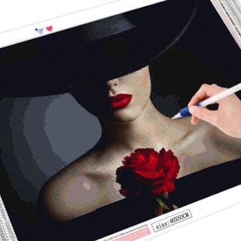 Diamanttavla Woman Black Hat Red Rose 40x50