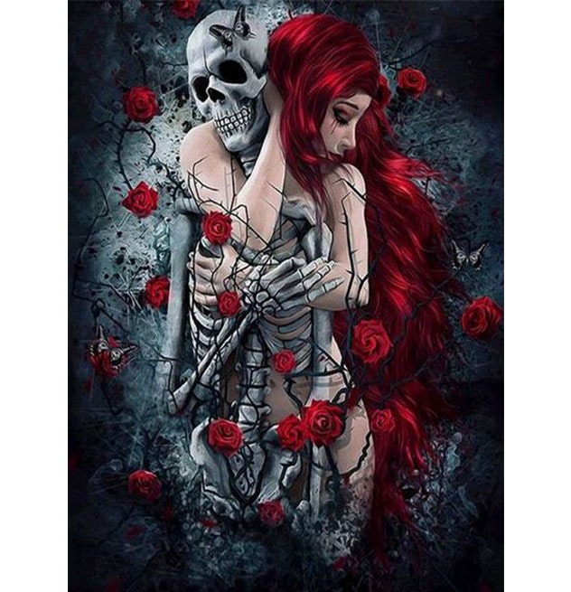 Diamanttavla Roses Skull And Beauty 50x70
