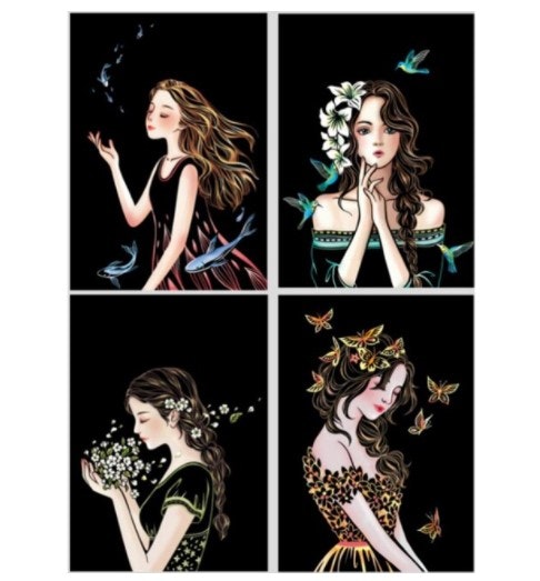 Scratch Painting 4-Pack Girl With flowers A4 - Leveranstid 1-3 Dagar