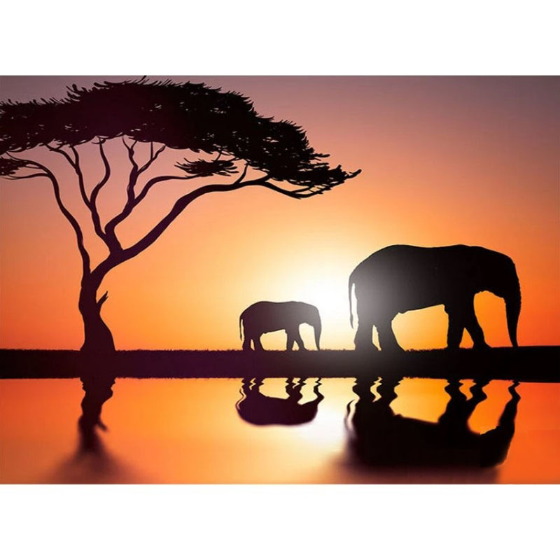 Diamanttavla Elephants African Sunset 30x45