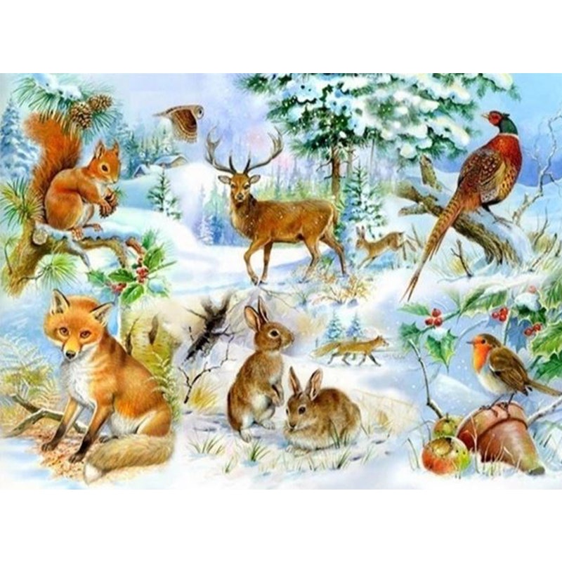 Diamanttavla Winter Forest Animals 50x70