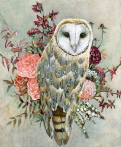 Diamanttavla Owl And Flowers 40x50
