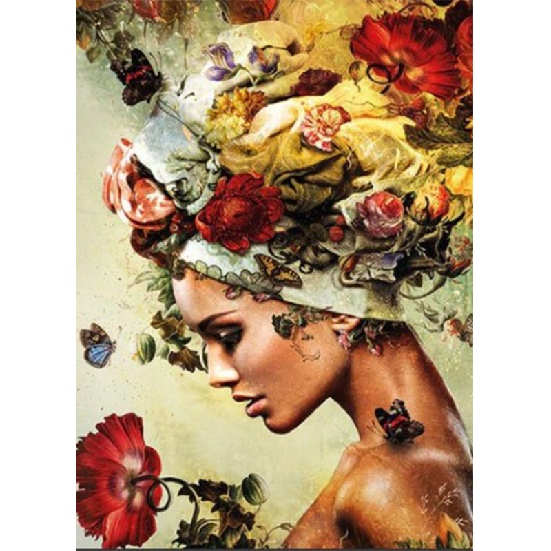 Diamanttavla Woman Poppyflowers And Butterflies 40x50