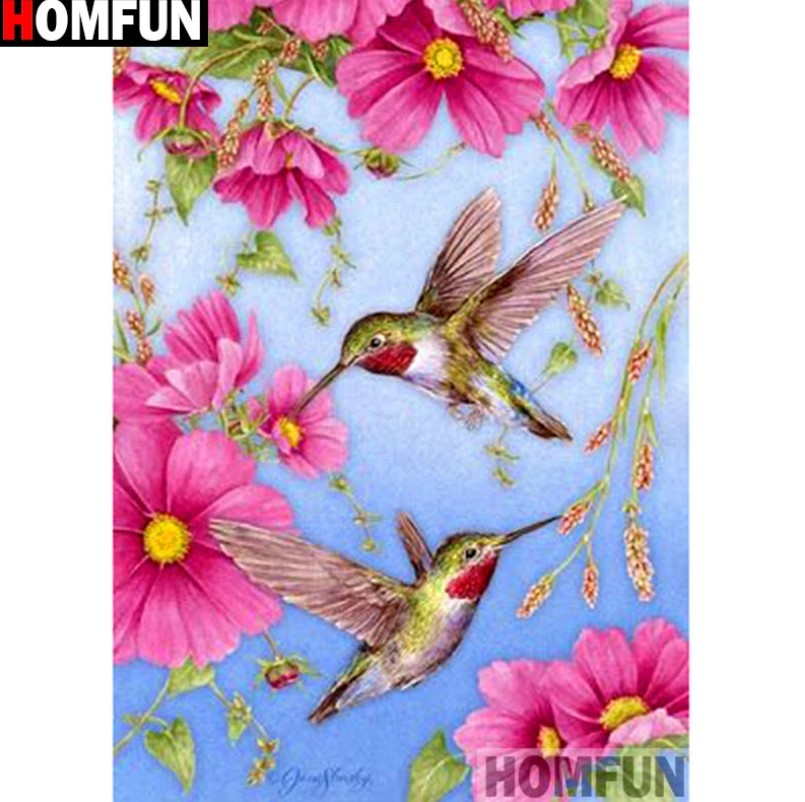 Diamanttavla Hummingbird And Pink Flowers 40x50
