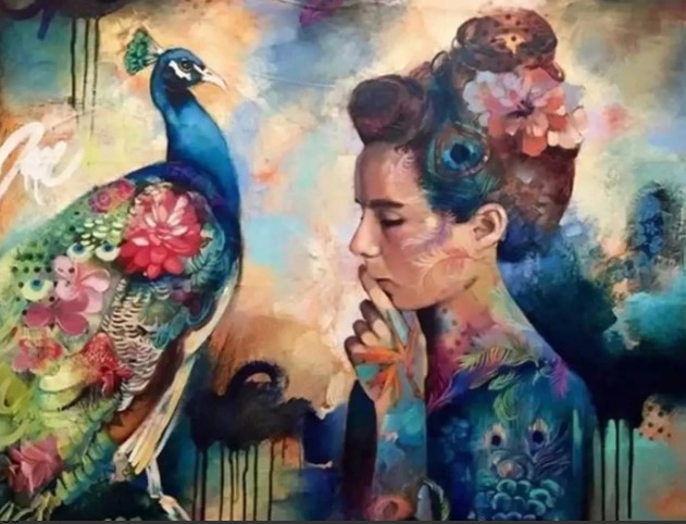 Diamanttavla Woman And Peacock 40x50