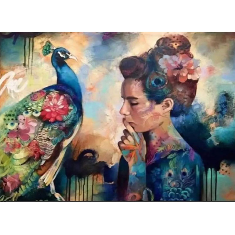Diamanttavla Woman And Peacock 40x50