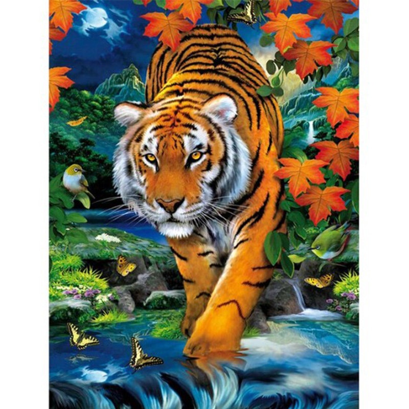 Diamanttavla Tiger In River 40x50