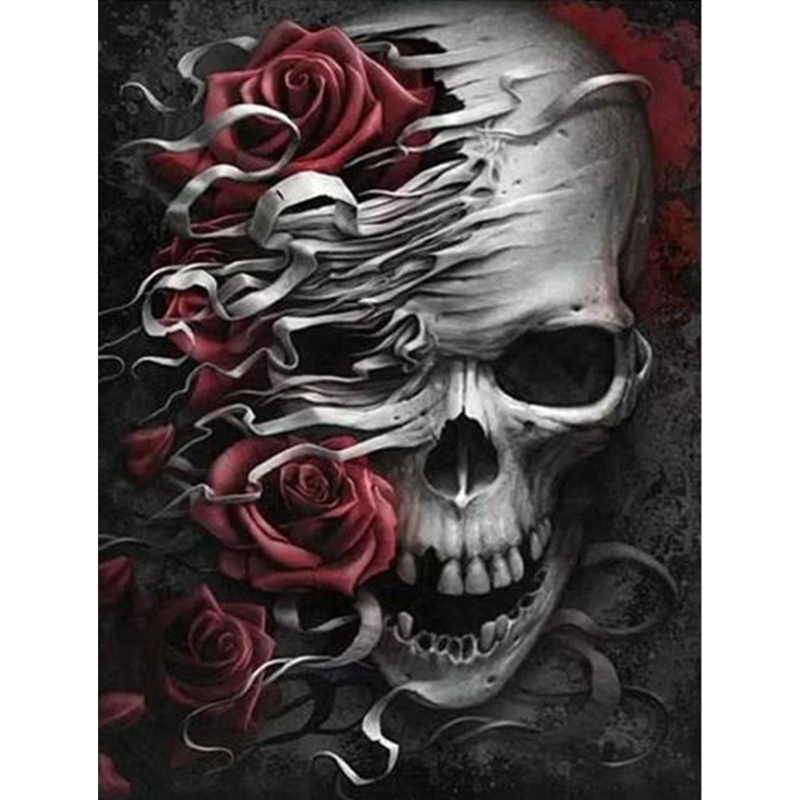 Diamanttavla Skull Red Roses 40x50