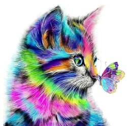 Diamanttavla (Runda) Colorful Cat And Butterfly 40x40