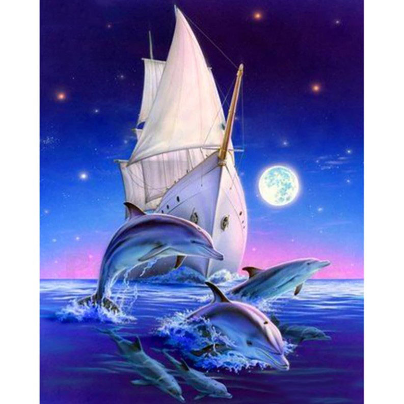 Diamanttavla Dolphins And Ship 40x50