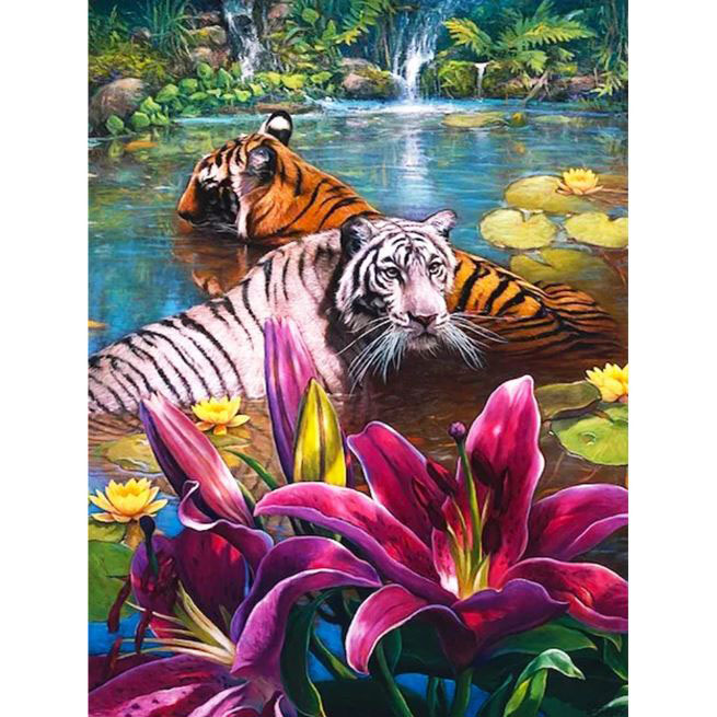 Diamanttavla Tigers Exotic Waterfall 40x50