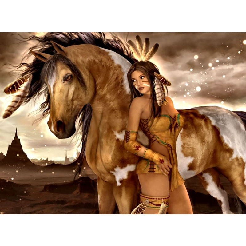 Diamanttavla Indianwoman And Horse 50x70