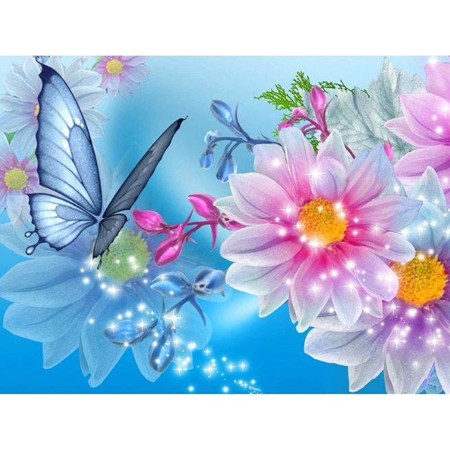 Diamanttavla (R) Sparkling Butterfly And Flowers 40x50