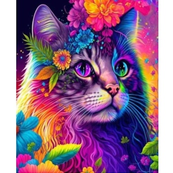 Diamanttavla Flower Color Cat 40x50