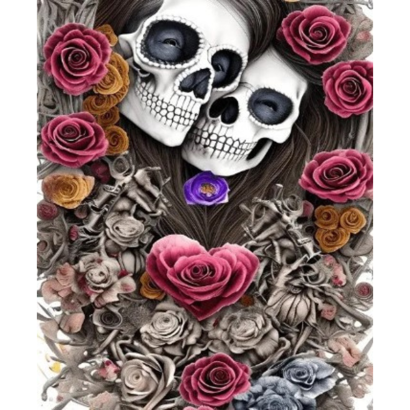 Diamanttavla Skull Roses 40x50