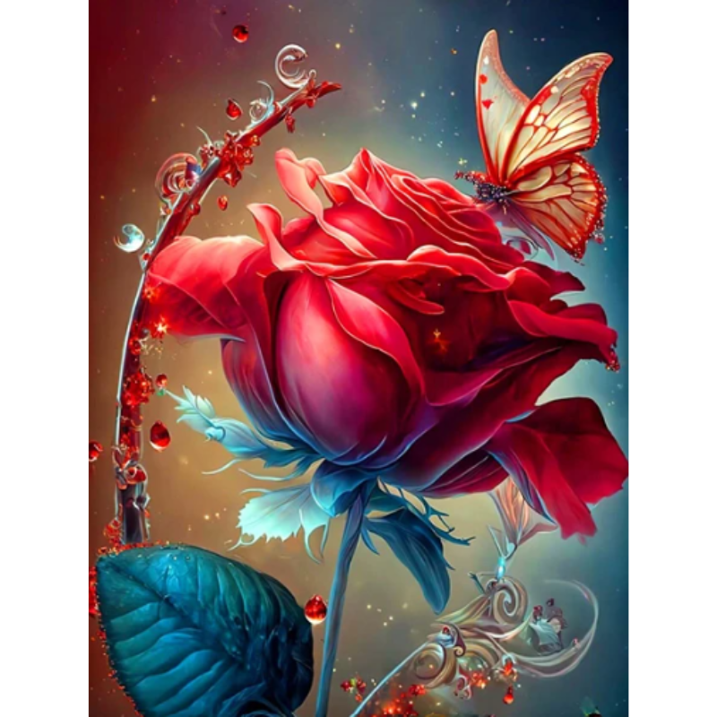 Diamanttavla (R) Red Rose And Butterfly 40x50
