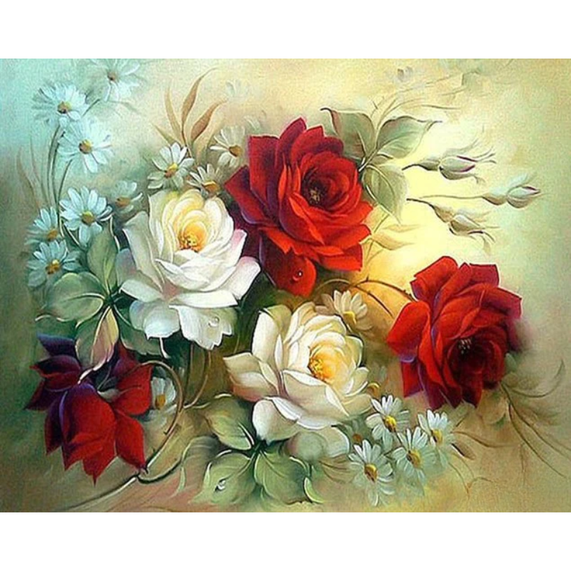 Diamanttavla (R) Red And White Roses 40x50