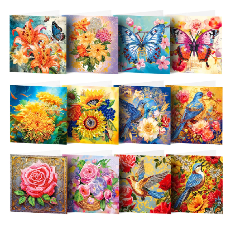 Diamond Painting Kort 12-Pack Birds, Butterflies And Flowers  30x15 cm
