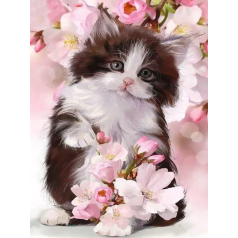 Diamanttavla Cat Cherryflowers 40x50