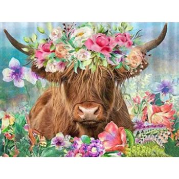 Diamanttavla Highland Cattle Flowers 40x50