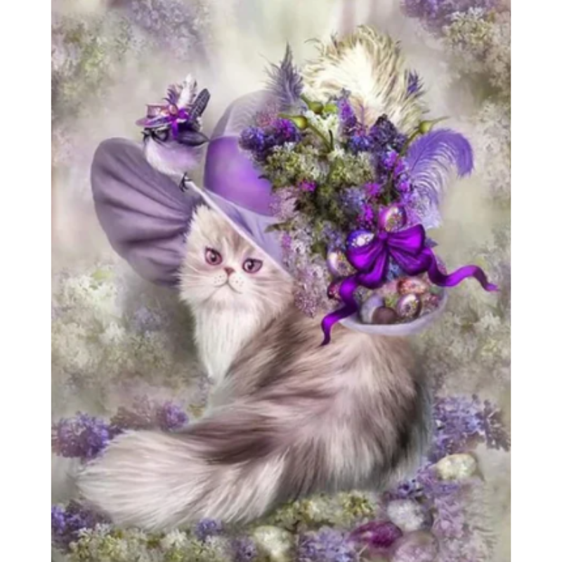 Diamanttavla Cat In Purple Hat 40x50