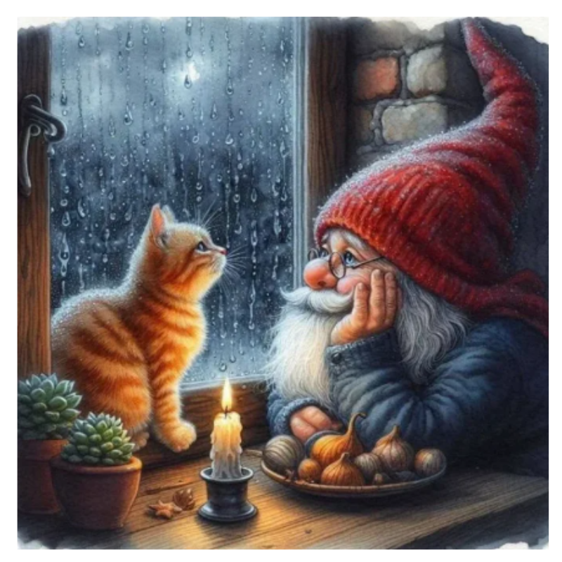 Diamanttavla Tomte Med Katt 50x50 - Leverans v. 26-27