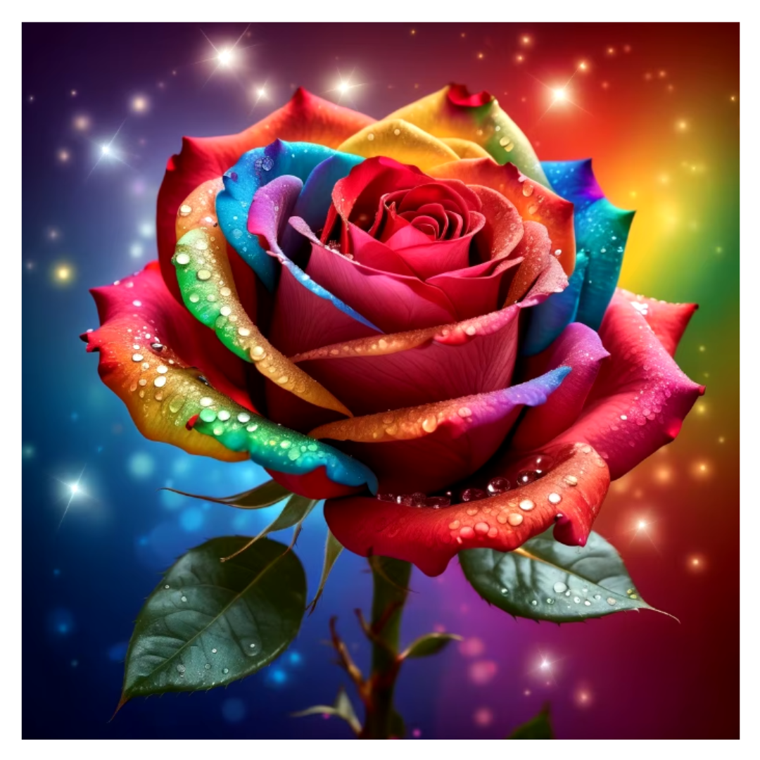 Diamanttavla Sparkling Rainbow Rose 40x40