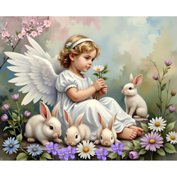 Diamanttavla Angelgirl And Rabbits 40x50