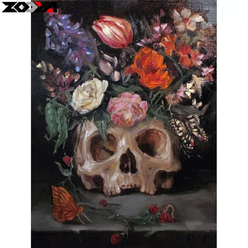 Diamanttavla Painted Flower Skull 30x40