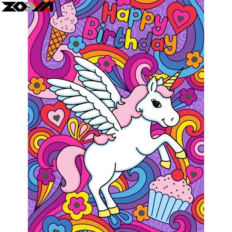 Diamanttavla Unicorn Happy Birthday 30x40