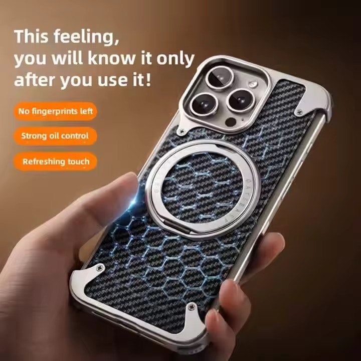 iPhone 16 Pro Max Skal – Lyxigt Aluminium & Kolfiber med 360° Magnetisk Ringhållare