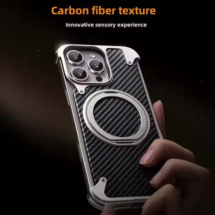 iPhone 16 Pro Max Skal – Lyxigt Aluminium & Kolfiber med 360° Magnetisk Ringhållare