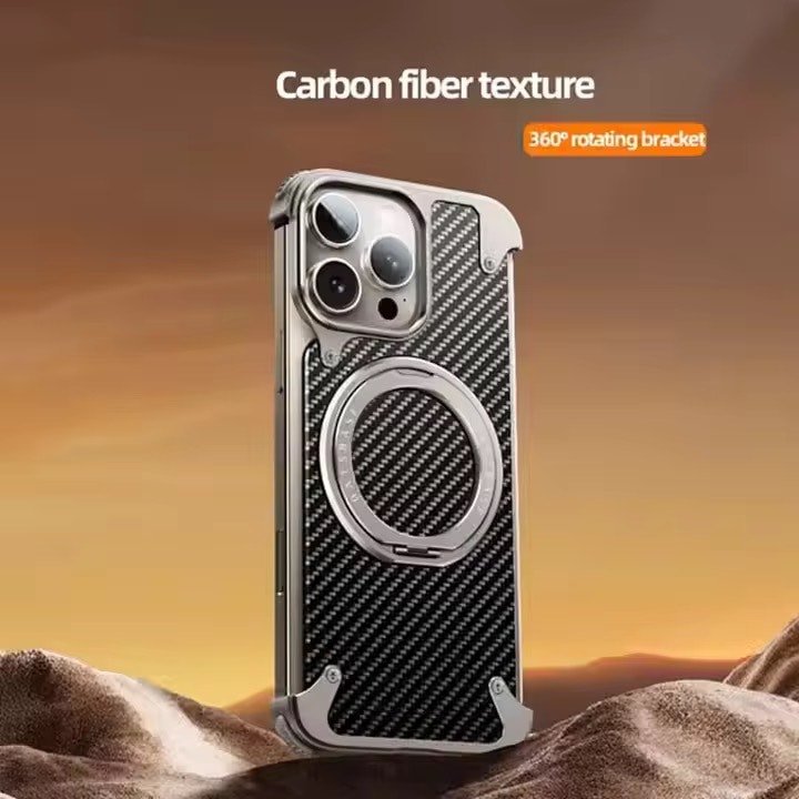 iPhone 16 Pro Max Skal – Lyxigt Aluminium & Kolfiber med 360° Magnetisk Ringhållare