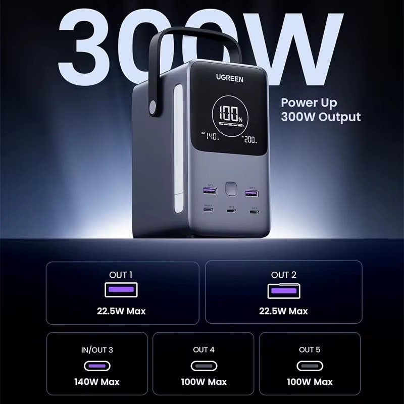 Powerbank 300W 48000mAh – Snabbladdare med LED Display & 6-i-1 USB/Type-C för Mobil, Laptop & Resa