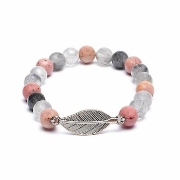 Mala/armband rhodonite/ grå kvarts + fjäder